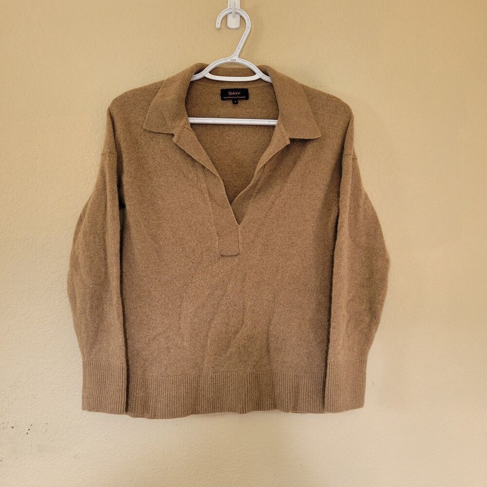 Quince Women's Mongolian Cashmere Polo Collar Sweater Brown Size Small Preppy